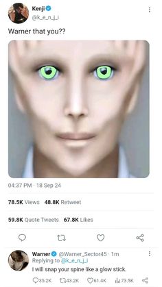 an alien face with glowing green eyes and white skin is featured in the tweep