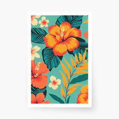 an orange and blue flower print on a green background