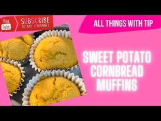 three muffins sitting on top of each other with the words sweet potato cornbread muffins