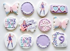 decorated cookies are arranged in the shape of women's names and pictures on them