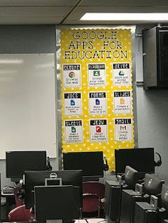 there are many computers on the desks in front of this sign that says google apps for education