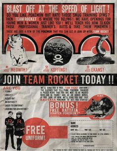 an advertisement for the rock and roll band's upcoming album, join team rocket today