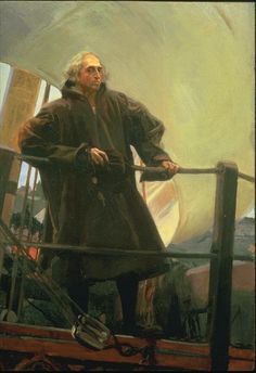 a painting of a man standing on top of a boat