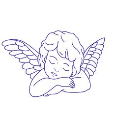 a drawing of an angel with its arms crossed and wings folded over his head, sitting on