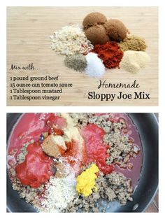 the ingredients to make homemade sloppy joe mix are shown in two separate pictures, including ground beef and jelly