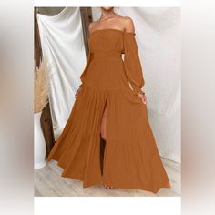 Nwt Color: Caramel Product Details Fabric Type 100% Rayon One Hundred Percent Rayon Care Instructions Machine Wash Origin Imported Closure Type Pull On Country Of Origin China About This Item S=Us 4-6,M=Us 8-10,L=Us 12-14,Xl=Us 16-18. Features: Classic Solid Plain Color, Puff/Lantern Sleeve Dress, Chic Flounce Sleeve, Casual Elastic High Waist, Cute Layer Ruffle Hem, Sexy High Split Design, The Off Shoulder Maxi Dress Greatly Show Your Charming Shoulder And Your Delicate Collarbone. This Flowy M Fitted Brown Maxi Dress With Smocked Back, Brown Flowy Maxi Dress With Smocked Bodice, Brown Ruched Maxi Dress For Fall, Brown Solid Color Maxi Dress, Bohemian Off-shoulder Maxi Dress For Fall, Dress For Family Pictures, Long Flowy Dress, Long Sleeve Ruffle Dress, Boho Dresses Long