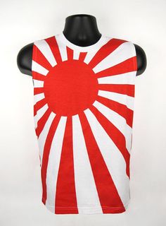 Men's Japanese Flag Rising Sun Tank Top Shirt Red Screen Print Tops For Summer, Red Summer Tops With Screen Print, Red Sleeveless Top With Graphic Print, Retro Red T-shirt For Summer, Retro Red Crew Neck Top, Retro Red Spring Tank Top, Red Retro Spring Tank Top, Red Relaxed Fit Sleeveless Top, Red Sleeveless Top With Relaxed Fit