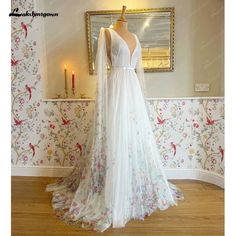 NumberSea - NumberSea Floral Beach Fairy Wedding Dresses with Cape 2025 Backless Wedding Gowns vestido de noiva princesa Fairy Wedding Dresses, Backless Wedding Gowns, Flower Wedding Dress, Wedding Dress For Women, Bride Dress Vintage, Winter Bridesmaid Dresses, Bridesmaid Dresses Under 100, Wedding Gown Backless, Petite Wedding Dress