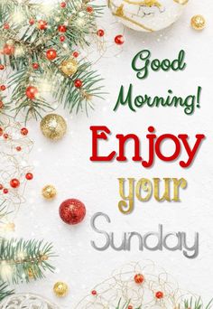 the words good morning enjoy your sunday are surrounded by christmas decorations