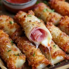 several appetizers with meat and cheese are on a plate next to ketchup