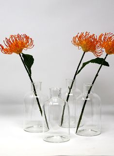 three glass vases with flowers in them