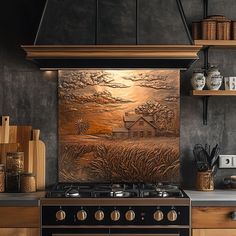 a stove top oven sitting inside of a kitchen next to a wooden shelf filled with utensils