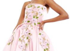 Strapless box pleat couture gown in light pink textured fabric embroidered with pink and green floral vine beading. Bridal Themes, Leopard Print Dresses, Bridal Theme, Fall 2024 Fashion, Prom Inspo, Couture Gown, 2024 Fashion Trends, Futuristic Style, Cyberpunk Fashion