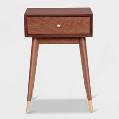 a small wooden table with two drawers on one side and an open drawer on the other