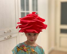 a young boy wearing a red paper hat