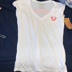 Brand New. With Tags. Never Worn Casual White V-neck Shirt, White V-neck Casual Shirt, Off The Shoulder Tee, Lace Tshirt, Striped Sleeve, True Religion, Crew Neck Tee, V Neck Tee, V Neck Tops