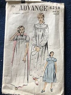 Advance Vintage Nightgown Pattern. 1940’s, Size 12 | eBay Vintage Nightgown Sewing Pattern, Fitted Vintage Sleepwear, Vintage Fitted Long Sleeve Nightgown, Vintage Fitted Nightgown For Sleep, Fitted Long Sleeve Vintage Nightgown, Vintage Nightgown Pattern, Cottagecore Sewing Pattern, 1940s Nightgown, Pioneer Dresses