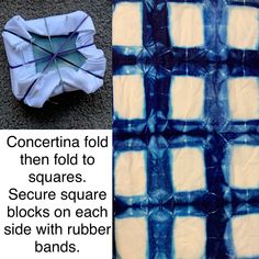 there is a blue and white tie - dye quilt on the floor next to an item that has been folded