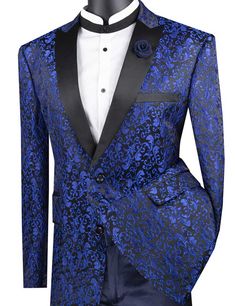 Blue Regular Fit Floral Pattern Jacket Peak Lapel Blazer Man, Blue Prom Suit, Homecoming Outfits For Guys, Neat Clothes, Prom Tuxedo, Suit Styles, Wedding Outfit Ideas, Blue Tuxedos, Elegant Jacket