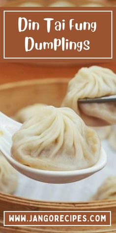 dumplings are being spooned into a bowl with the words dim tai fung dumplings on it