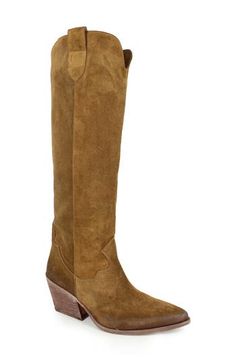 Add unmistakable Western flair to your look with this knee-high suede boot set on a block heel. 2 1/2" heel 15 1/2" shaft; 14 1/2" calf circumference Leather upper, lining and sole Made in Italy Womens Brown Boots, Cowgirl Boots Aesthetic, Suede Western Boots, Black Biker Boots, Cowboy Chic, Black Knee High Boots, Black Knees, Shoe Fits