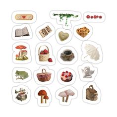 many different types of food stickers on a white background