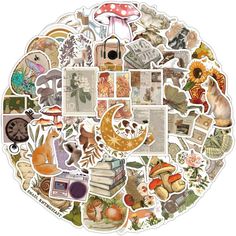 an image of many different stickers in the shape of a circle with animals and mushrooms