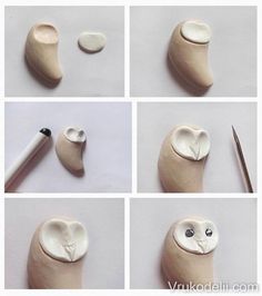 several pictures of different shapes and sizes of clay animals, including an owl with a heart on its nose