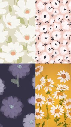 four different flower patterns in various colors and sizes, each with white daisies on them