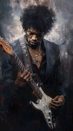 a painting of a man with an electric guitar in his hand and wearing a black suit