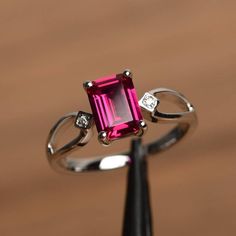 red ruby ring ruby promise ring July birthstone emerald cut red gemstone sterling silver gifts Ruby Wedding Rings, Elegant Rings, Red Gemstone Ring, Engagement Rings Princess, Ruby Rings, Ring Ruby, Ruby Wedding, Ruby Diamond Rings, Princess Cut Rings