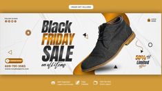 a black friday sale banner with a pair of shoes on the bottom and an orange background