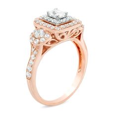 Crafted in 14K rose gold, this stunning design features a shimmering 1/4 ct. emerald-cut diamond boasting a color rank of I and clarity of I1. The diamond is bordered by two octagon-shaped halo frames of diamonds and flanked by diamond-lined 1/10 ct. round diamonds. The diamond-adorned shank lends modern appeal. Inside, the shank is engraved with the words "Past; Present, Future" and set with two accent diamonds, a beautiful reminder of your promise to always be by her side. Radiant with 1 ct. t.w. of diamonds and a brilliant buffed luster, this engagement ring shines. Due to the nature of pre-owned jewellery, the ring you choose may have been previously sized. Ring styles from our pre-owned jewelry inventory are sold at their current size and cannot be resized at purchase. As this invento Rose Gold Princess Cut Diamond Ring For Anniversary, Rose Gold Diamond Ring With Halo Setting For Anniversary, Anniversary Rose Gold Diamond Ring With Halo Setting, Rose Gold Princess Cut Halo Setting Ring, Anniversary Rose Gold Diamond Ring, Rose Gold Halo Ring With Diamond Accents For Promise, Rose Gold Halo Diamond Ring, Ring Styles, Past Present Future