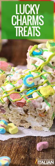 lucky charms treats stacked on top of each other with text overlay that reads lucky charms treats