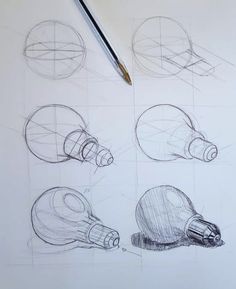 four different types of lightbulbs drawn in pencil on paper with a pen