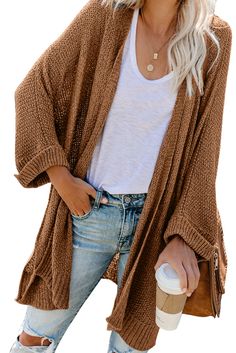 Brown Knit Cardigan Comfortable Stretch Sweater For Fall, Casual Brown Knit Sweater Coat, Brown Cotton Sweater For Spring, Trendy Brown Summer Cardigan, Open Knit Open Front Top For Fall, Oversized Knit Comfortable Cardigan, Comfortable Oversized Knit Cardigan, Oversized Comfortable Knit Cardigan, Fall Open Front Open Knit Tops