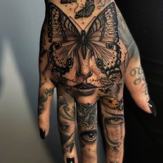 Butterfly Hand Tattoo Master Tattoo Designs Lion Ankle Tattoos For Women, Butterfly And Vine Hand Tattoo, Badass Hand Tattoos For Women, Feminine Eye Tattoo, Animal Hand Tattoos For Women, Hand Moth Tattoo, Dragon Fly Neck Tattoo, Mexican Theme Tattoos, Moth Hand Tattoos For Women