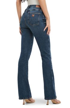 Fall for the silhouette of these high-waist jean punctuated with flared hems. 48% cotton, 45% lyocell, 5% elastomultiester, 2% elastane Machine wash, tumble dry Imported High Rise Blue Flares With Five Pockets, Denim Blue Fitted Full-length Flares, Fitted Full-length Denim Blue Flares, Fitted Full Length Denim Blue Flares, High Rise Stretch Dark Wash Flares, High Rise Dark Wash Denim Flares, Stretch High Rise Dark Wash Flares, Fitted Flare Jeans In Medium Wash, Fitted Full-length Denim Flares