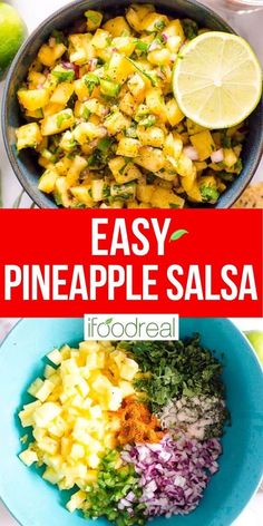 easy pineapple salsa in a bowl with limes and cilantro on the side