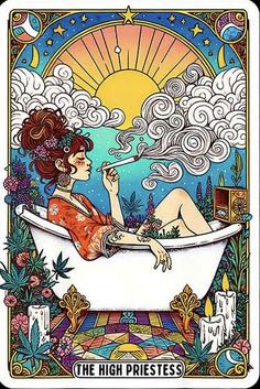 a woman sitting in a bathtub with the sun above her and clouds above her