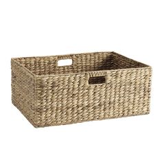 an empty wicker basket with handles on a white background for use as a storage container