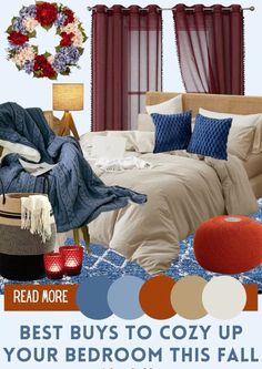 the bedroom is decorated in blue, red and white colors with pops of color on the bed