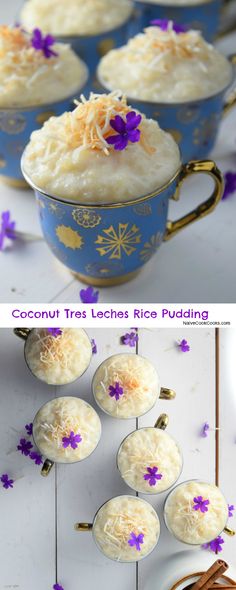 coconut tress leches rice pudding in blue bowls with purple flowers on them