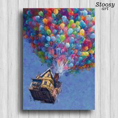 an oil painting on canvas of a house with balloons floating in the air above it