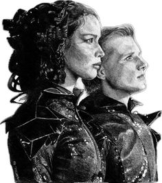 a drawing of two people in black and white