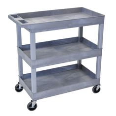 a blue plastic utility cart with two shelves