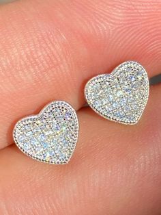 "Amazing stud earrings Solid 925 sterling silver Stamped 925 for authenticity Wont turn your ears green! 2ct vvs man made diamonds SUPER ICY About 0.35\" (9.5mm) wide perfect large size! Pair weighs around 2.6 grams Screw backs for a secure fit!" White Gold Heart Earrings With Cubic Zirconia Round Cut, Fine Jewelry Sterling Silver Heart Earrings Brilliant Cut, Sterling Silver Heart Earrings With Diamond Cut, Classic Sterling Silver Heart Earrings With Brilliant Cut, Silver Heart Earrings For Valentine's Day, Heart Cut Diamond White Sterling Silver Earrings, Sparkling Heart Cut Dazzling Jewelry, Silver Classic Heart Earrings With Brilliant Cut, Heart-shaped Sterling Silver Diamond Earrings For Gift