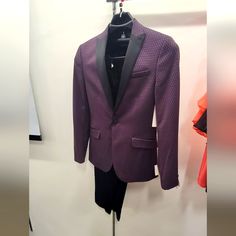 Purple Jacket With Black Lapel And Black Buttons [36 Slim]. Black Pants [29 Slim] With Tapered Legs. Purple Tuxedo Style Formal Blazer, Fitted Single Button Outerwear For Night Out, Purple Suits For Workwear In Fall, Purple Single Breasted Blazer For Winter, Purple Blazer With Suit Collar For Work, Formal Purple Outerwear With Lapel Collar, Purple Suits For Fall Workwear, Purple Lapel Collar Blazer For Fall, Purple Business Outerwear For Winter