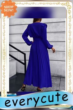 Blue V Neck Pleated Tie Waist Swing Maxi Dress Chic Royal Blue Long Sleeve Midi Dress, Blue Formal Maxi Dress For Fall, Blue Maxi Dress For Formal Fall Occasions, Blue Pleated Maxi Dress For Fall, Blue Solid Color Maxi Dress For Fall, Blue Pleated Long Sleeve Midi Dress, Blue Long Sleeve Pleated Midi Dress, Blue Long Sleeve Pleated Dress, Chic Blue Non-stretch Maxi Dress