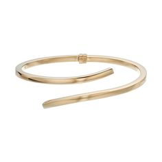 Modern style abounds with this distinctive bypass bangle bracelet. BRACELET DETAILS Length: 8 in. Closure: hinge Metal: sterling silver Packaging: boxed  Size: One Size. Color: Yellow. Gender: female. Age Group: adult. Formal Polished Open Band Bangle, Formal Bangle Bracelet With A Modern Twist, Formal Bangle With Modern Twist, Formal Yellow Gold Bangle With Modern Twist, Modern 14k Gold Bangle Bracelets, Modern Flexible Gold Bangle Bracelet, Modern 14k Gold Flexible Jewelry, Modern Hinged 14k Gold Jewelry, Modern Flexible 14k Gold Jewelry